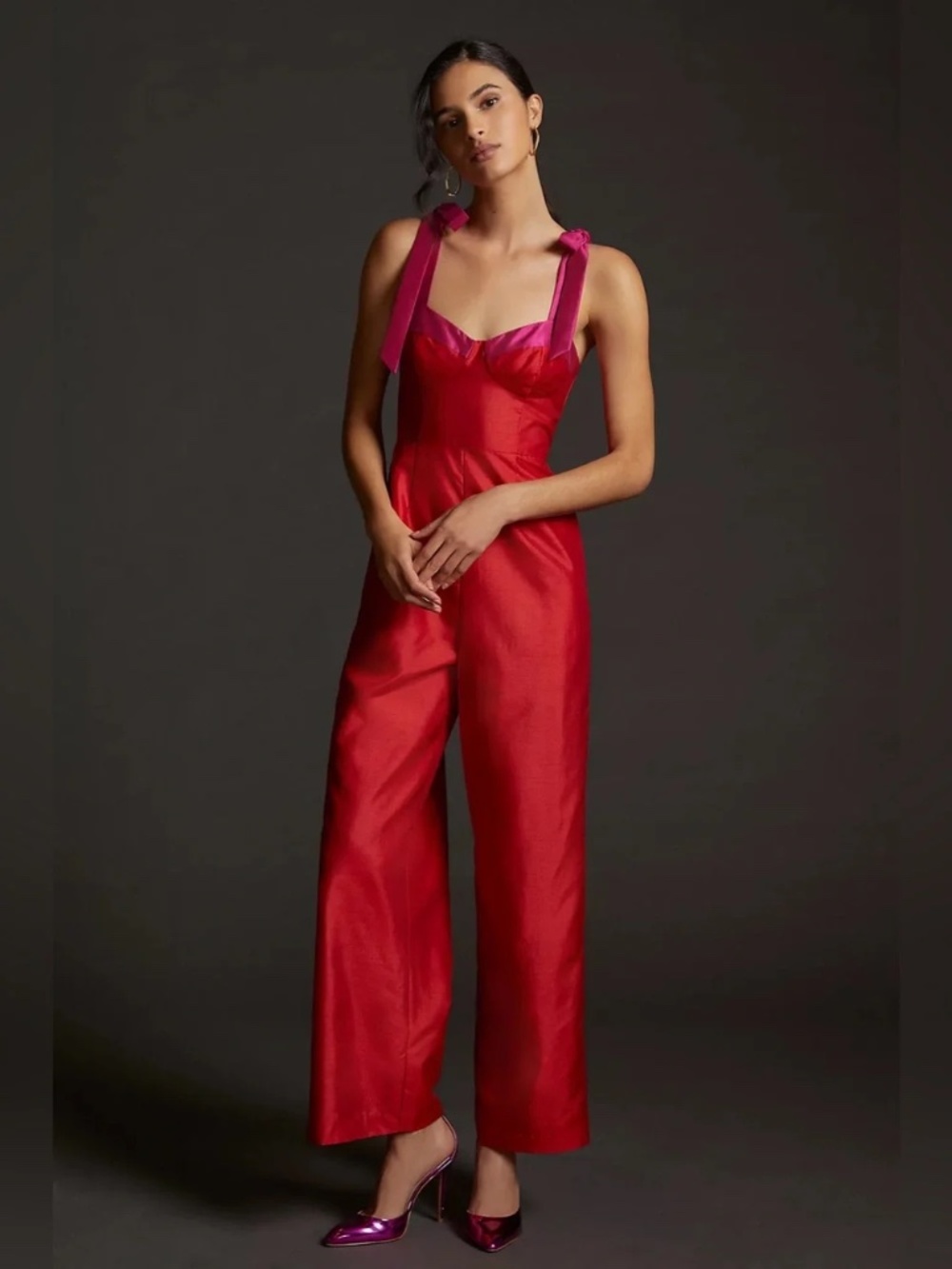 Anthropologie Hutch Seamed Wide Leg Jumpsuit Red Pink Colorblock Size 0